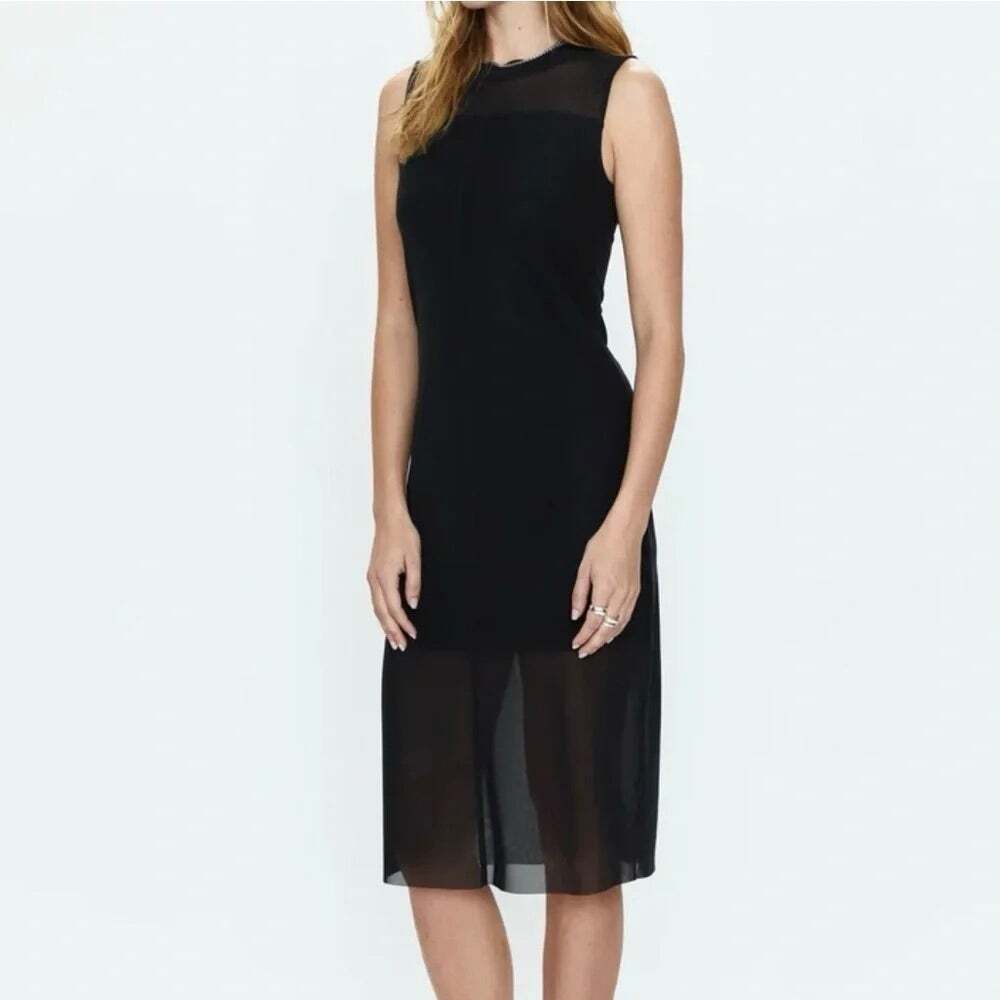 Pistola June Mesh Midi Dress Black Noir Sleeveless Sheath Semi Sheer Size Large